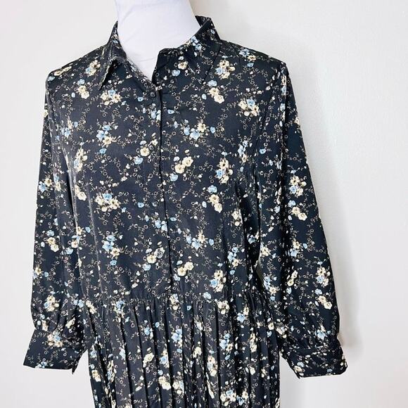 Pleated Midi Dress MED-LARGE Black Floral Cottagecore Half Button Bishop Sleeve - Picture 4 of 7